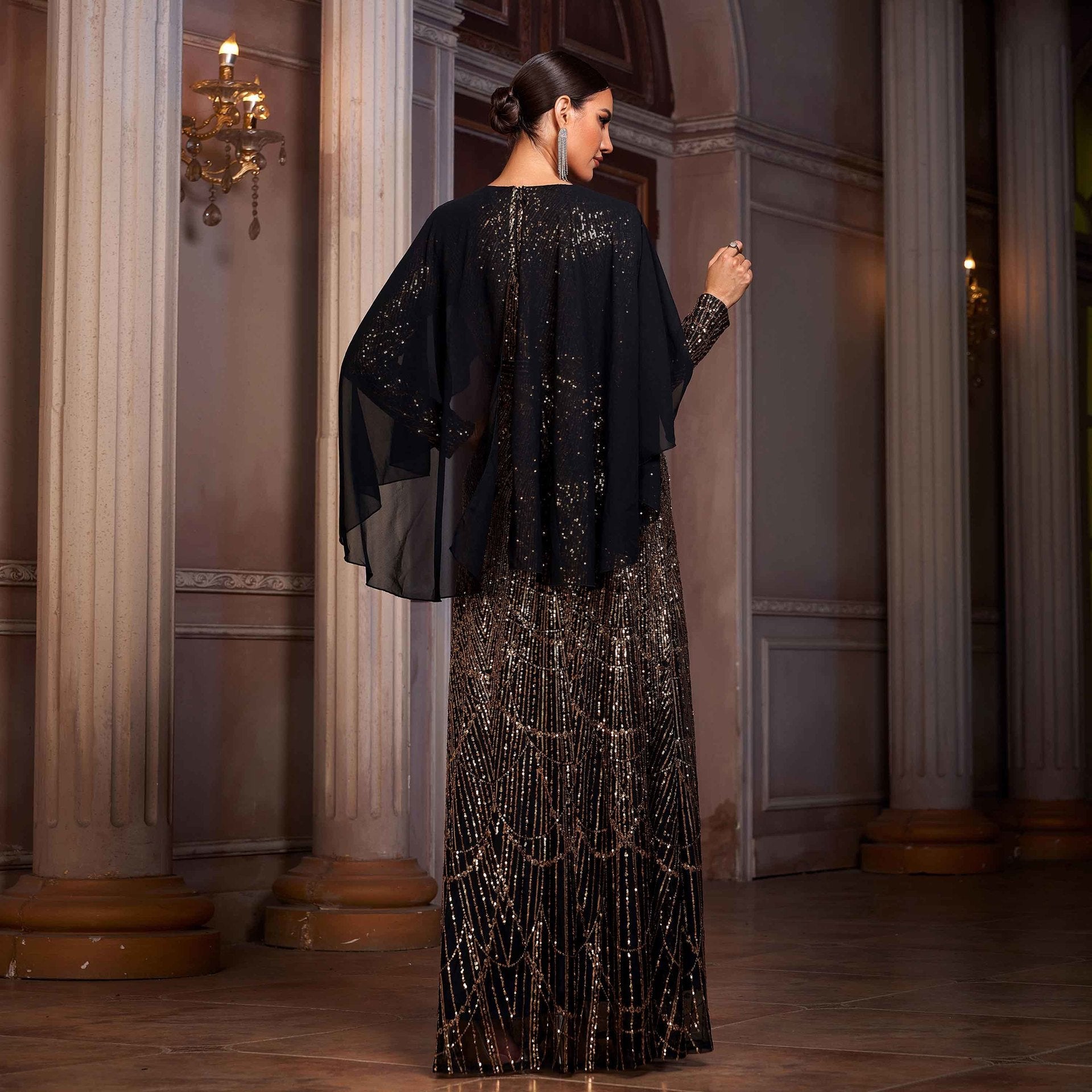 Long sleeved round neck shawl evening dress