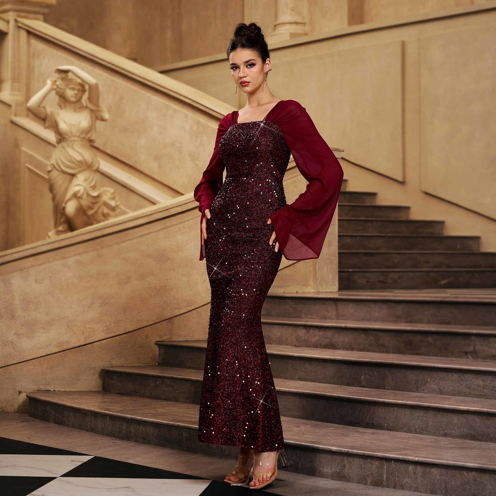 Long sleeved V-neck mid length evening dress dress