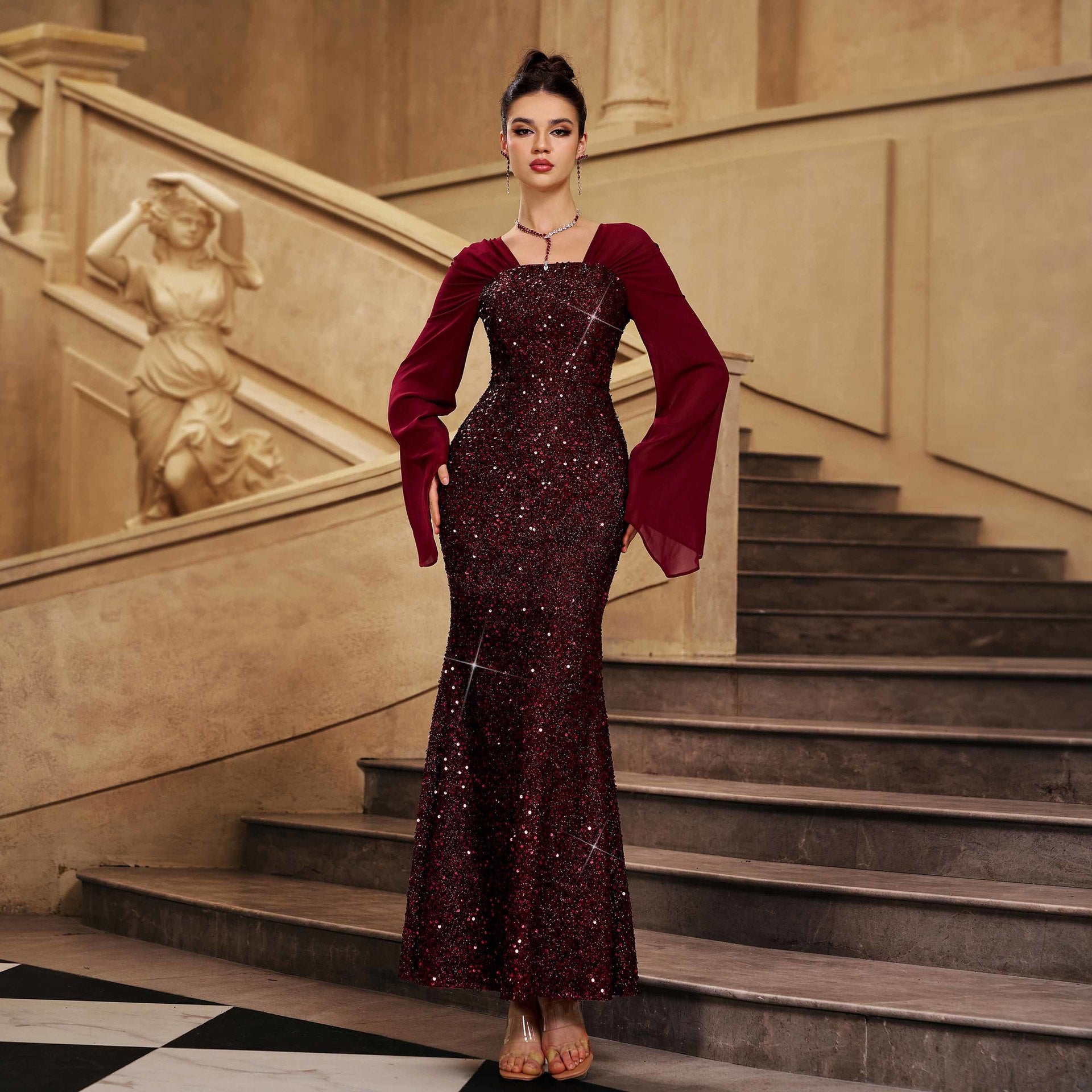 Long sleeved V-neck mid length evening dress dress