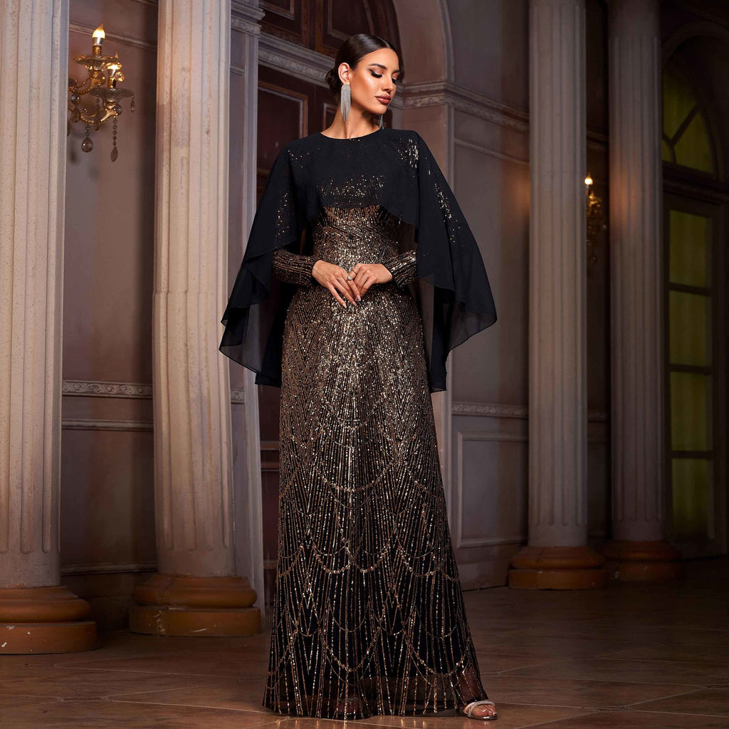 Long sleeved round neck shawl evening dress