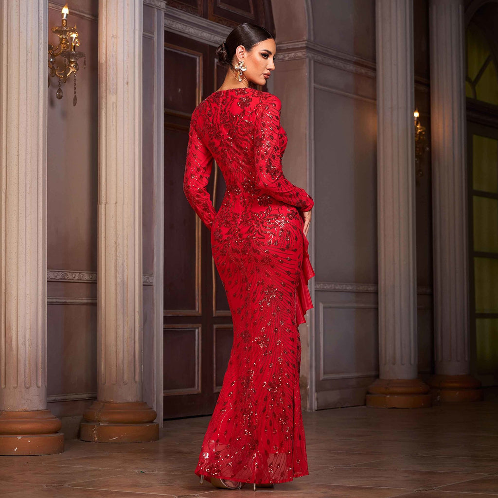 Long sleeved round neck lace evening dress dress