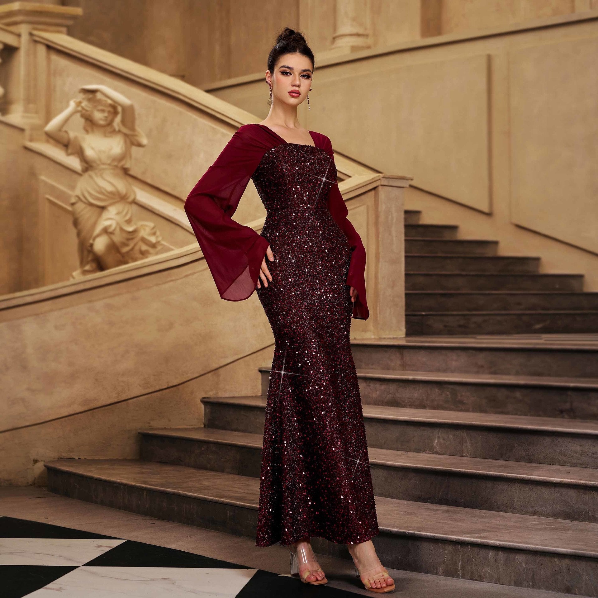 Long sleeved V-neck mid length evening dress dress