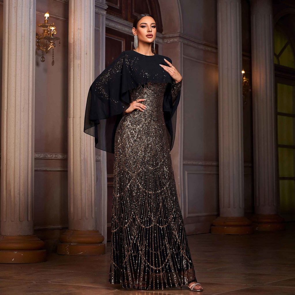 Long sleeved round neck shawl evening dress