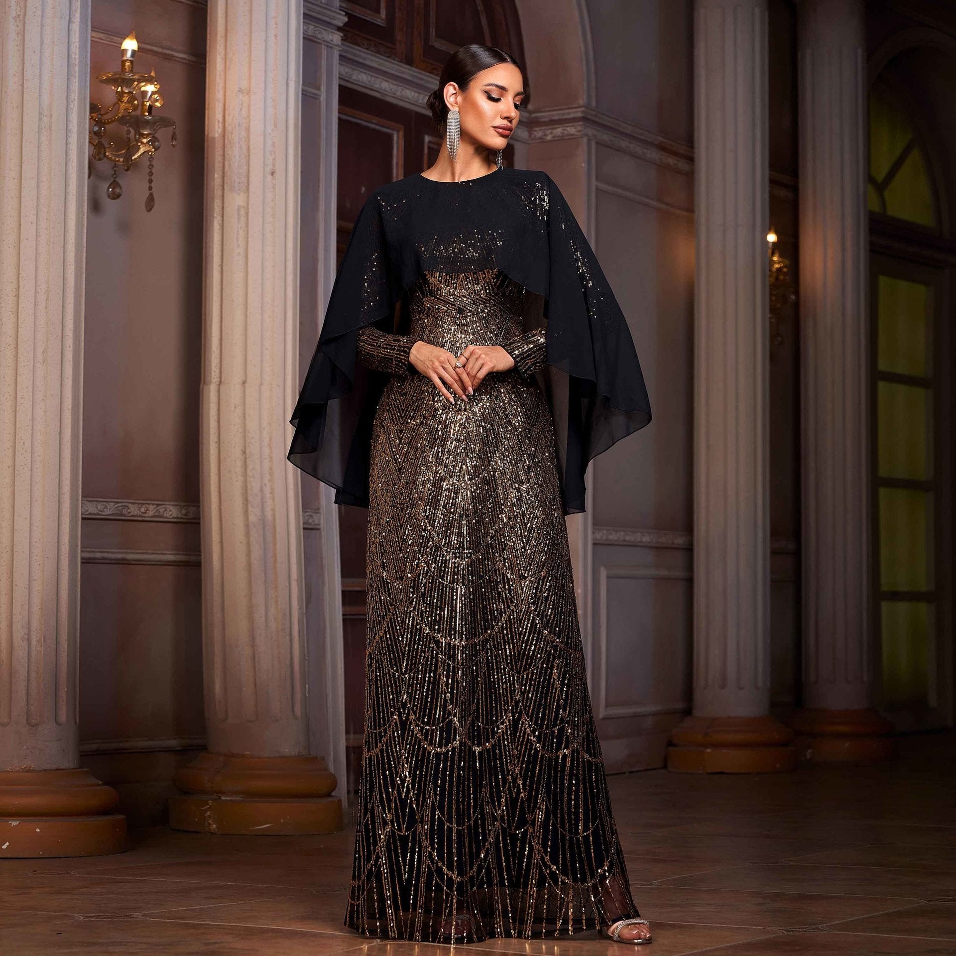 Long sleeved round neck shawl evening dress